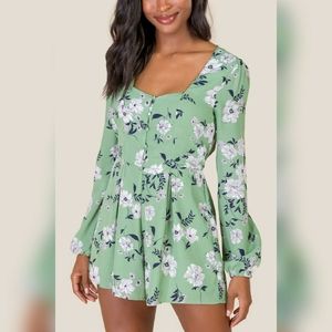 Francesca's Green Long Sleeve Floral Romper